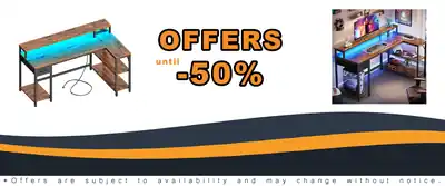 SuperJARE 53 Inch Reversible L Shaped Desk LED Lights Power Outlets